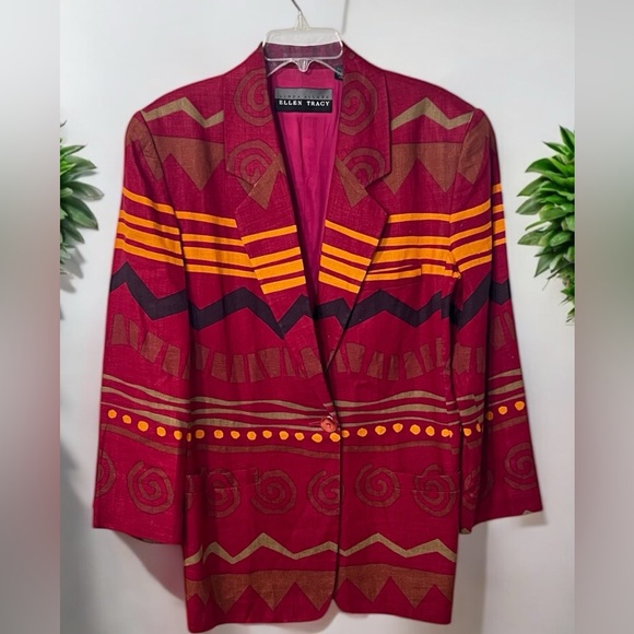 Ellen Tracy Red and Orange Geometric Blazer - Picture 1 of 7